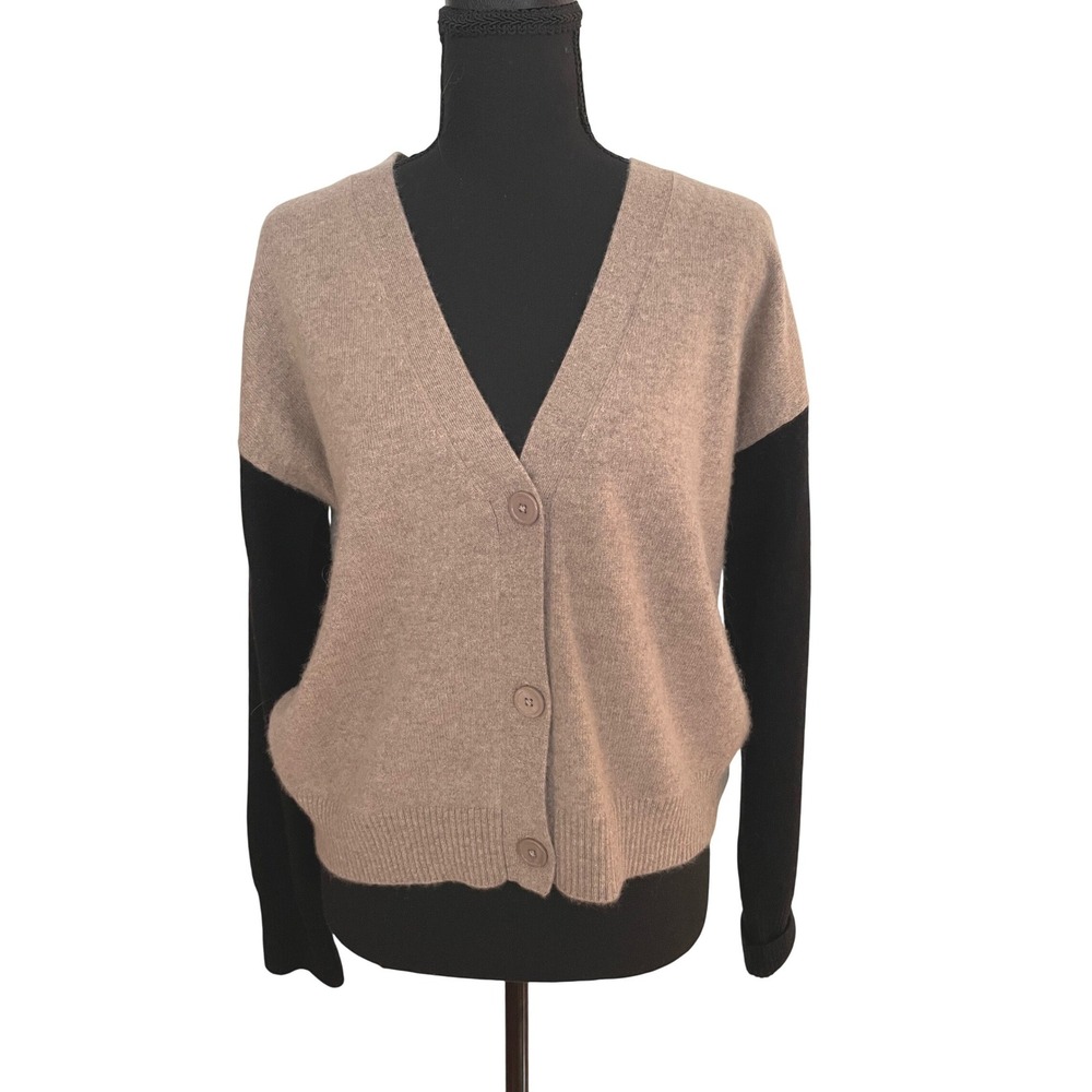 Magaschoni Cardigan Women M Tan Grey Cashmere Colorblock V-Neck Quiet Luxury